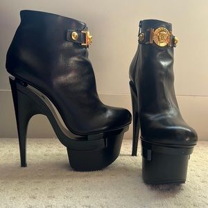 Versace triple platform booties heels leather black gold Medusa sexy iconic